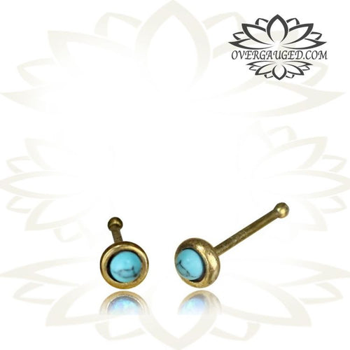 Single Tribal Brass Nose Stud with Turquoise Stone 20g, Nose Bone, Nose Pin, Nose Jewelry.