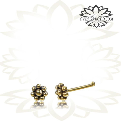 Single Ornate Tribal Flower Brass Nose Stud With Inlayed Turquoise Stone .
