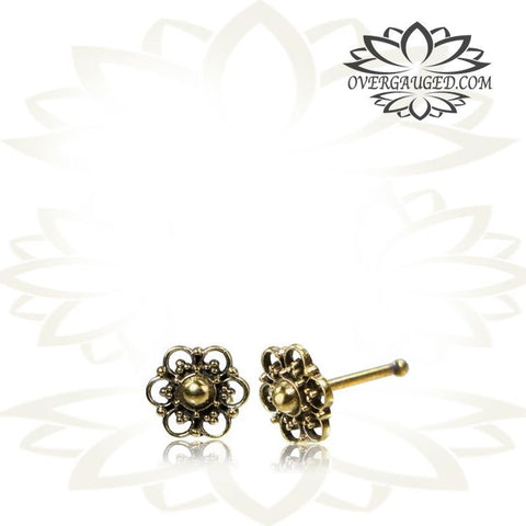 Single Ornate Brass Nose Stud, Flower Nose Pin with Moon Stone Inlay, 20g, Nose Stud, Nose Bone, Nose Pin, Nose Jewelry.