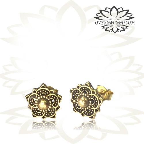 Pair Brass Ear Studs Antiqued Tribal Lotus Flower Brass Earrings Stud Earrings.