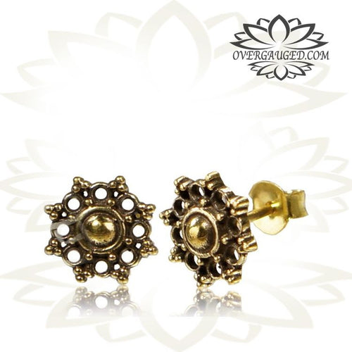 Single Ornate Antiqued Tribal Brass Mandala Ear Studs, Size Of Design 10mm design.