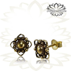 Pair Ornate Brass Ear Studs, Tribal Afghan Flower Ear Stud Jewelry, Brass Earrings.