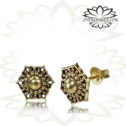 Pair of Ornate Antiqued Brass Mandala Ear Studs Brass Earrings Brass Jewelry