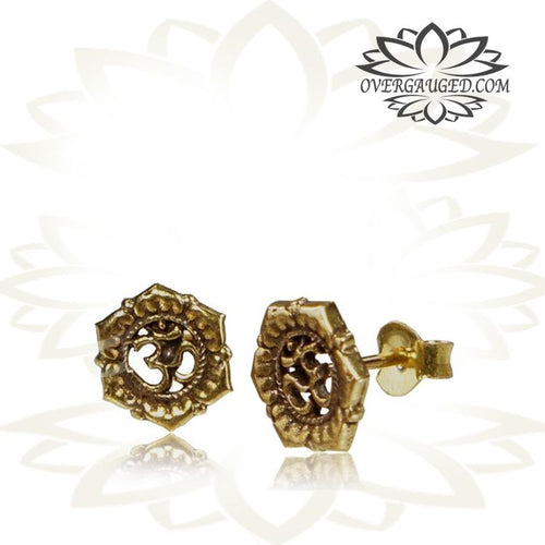 Pair Ornate Brass Ear Studs Tribal Om Symbol Brass Earrings Brass Jewelry.