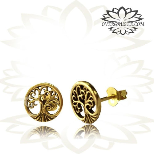 Pair Brass Ear Studs Ornate Tribal Tree Of Life Ear Stud Jewelry Brass Earrings Body Jewelry.