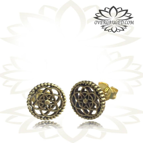 Pair Ornate Antiqued Tribal Brass Flower of Life Ear Studs, Ear Stud Jewelry Brass Earrings.