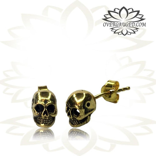 Pair of Skull Brass Ear Studs (8mm Skull) Brass Earrings Brass Jewelry