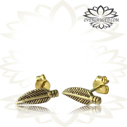 Pair Ornate Brass Ear Studs, Antiqued Tribal Indian Feather Ear Stud Jewelry Brass Earrings.