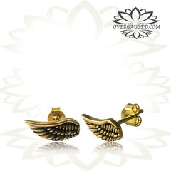 Pair Ornate Antiqued Tribal Brass Wing Ear Studs, Tribal Brass Earrings Brass Jewelry