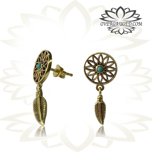 Pair Tribal Brass Ear Stud Dream Catcher With Turquoise Earrings Dangling Feather.