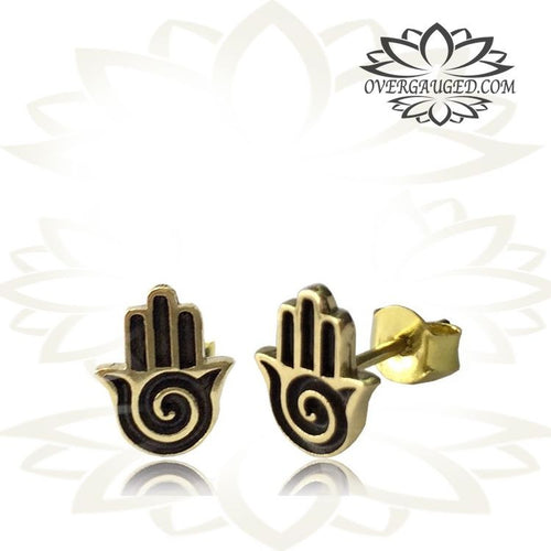 Pair Ornate Antiqued Brass Ear Studs Hamsa Hand Tribal Ear Stud Jewelry Brass Earrings