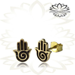 Pair Ornate Antiqued Brass Ear Studs Hamsa Hand Tribal Ear Stud Jewelry Brass Earrings