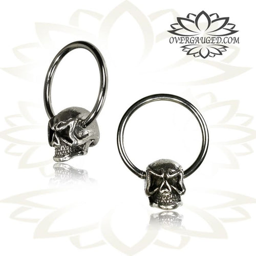 CBR Pair White Brass Skull Hoops, BCR Antiqued Brass Earrings, Nipple Rings, Tribal Angry Skulls Piercing Body Jewelry.