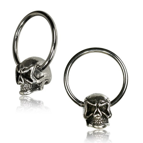 CBR Pair White Brass Skull Hoops, BCR Antiqued Brass Earrings, Nipple Rings, Tribal Angry Skulls Piercing Body Jewelry.