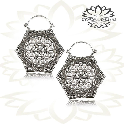 Pair of Brass Earrings Mandala Flower, Brass Tribal Hoops Body Jewelry.