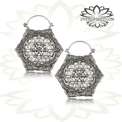 Pair of Long White Brass Earrings, Antiqued Flower of Life Tribal Hoops with Sterling Silver Wire, Silver Earrings.