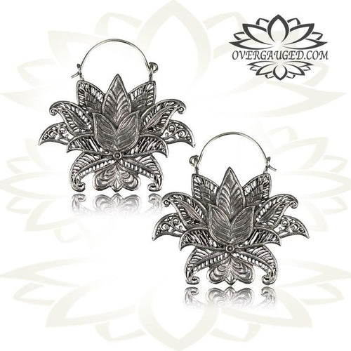 Pair of White Brass Earrings, Antiqued Tribal Brass Lotus Flower Hoop Earrings, Brass Body Jewelry.