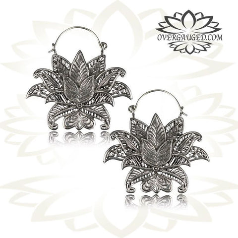 Pair Brass Earrings Antiqued Lotus Flower Tribal Hoops Hangers.