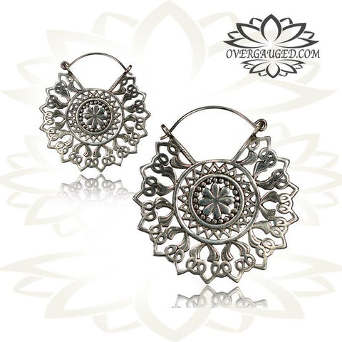 Pair of Long White Brass Earrings, Antiqued Flower of Life Tribal Hoops with Sterling Silver Wire, Silver Earrings.