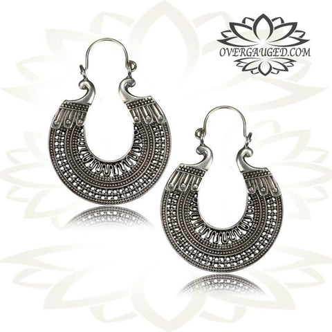 Pair Brass Earrings Antiqued Lotus Flower Tribal Hoops Hangers.