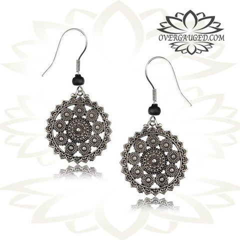 Pair of Brass Earrings Mandala Flower, Brass Tribal Hoops Body Jewelry.