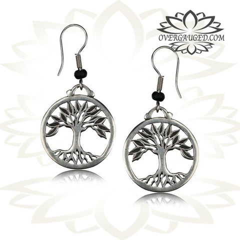 Pair of Brass Earrings, Antiqued Mandala Tribal Hoops, Large Flower Style Hanging Gauges.