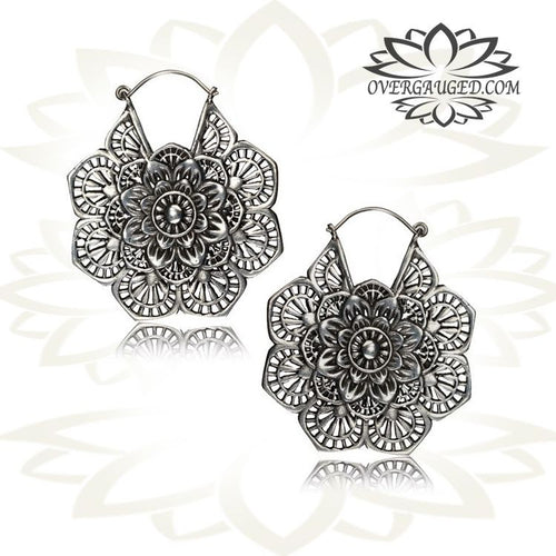 Pair of Ornate White Brass Earrings with Mandala Flower, Tribal Brass Hoop Earrings, Piercing Hangers Body Jewelry.