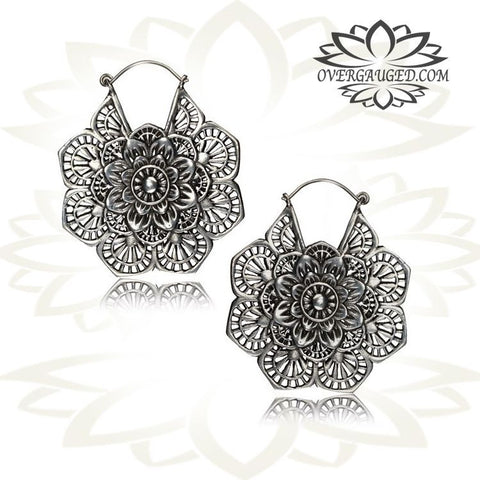 Pair of White Brass Earrings, Antiqued Tribal Brass Lotus Flower Hoop Earrings, Brass Body Jewelry.