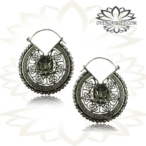 Pair White Brass Earrings, Tribal Lotus Flower Hoop Earrings, Tribal Brass Earrings,  Body Jewelry, Double Sided Earrings.