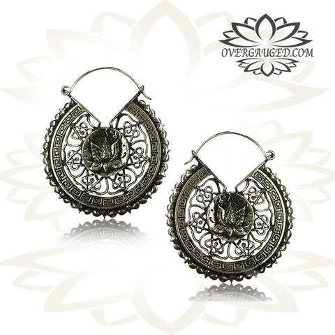 Pair of Brass Earrings, Antiqued Mandala Tribal Hoops, Large Flower Style Hanging Gauges.