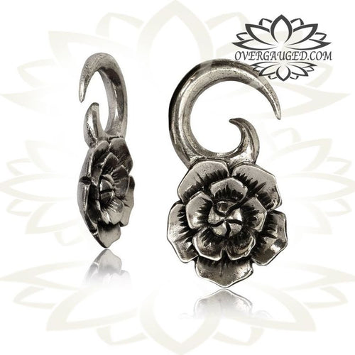 Pair White Brass Ear Weights 4g, Antiqued Lotus Flower Gauges, Lotus Flower Tribal Earrings, Tribal Brass Jewelry.