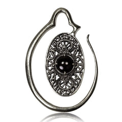 Pair White Brass Ear Weights, Brass Earrings in 6g, Antiqued Oval Spirals with Onyx Stone, Brass Body Jewelry.