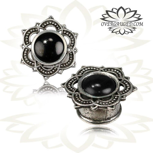 Pair Ornate White Brass Gauges, Brass Lotus Ear Tunnels, Tribal Onyx Inlay Plugs, Tribal Double Flared Plugs, Brass Plugs, Brass Body Jewelry.