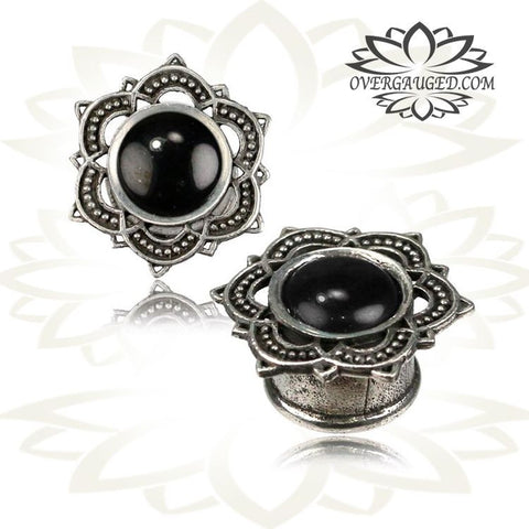 Pair of Antiqued White Brass Tunnels, Silver Lotus Tunnels, Tribal Double Flared Brass Plugs, Brass Body Jewelry Gauges.