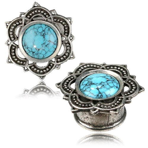 Pair White Brass Tunnels, Lotus Ear Gauges with Turquoise Inlay, Double Flared Brass Plugs, Brass Body Jewelry.