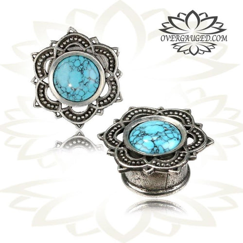 Pair White Brass Tunnels, Lotus Ear Gauges with Turquoise Inlay, Double Flared Brass Plugs, Brass Body Jewelry.