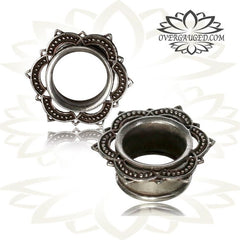 Pair of Antiqued White Brass Tunnels, Silver Lotus Tunnels, Tribal Double Flared Brass Plugs, Brass Body Jewelry Gauges.