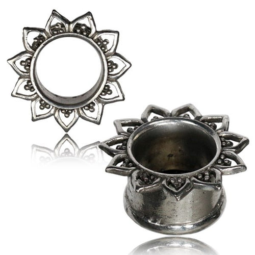 Pair White Brass Plugs with Lotus Leaf Tribal Tunnels, Ornate Brass Plugs, Tribal Brass Ear Gauges, Brass Body Jewelry.