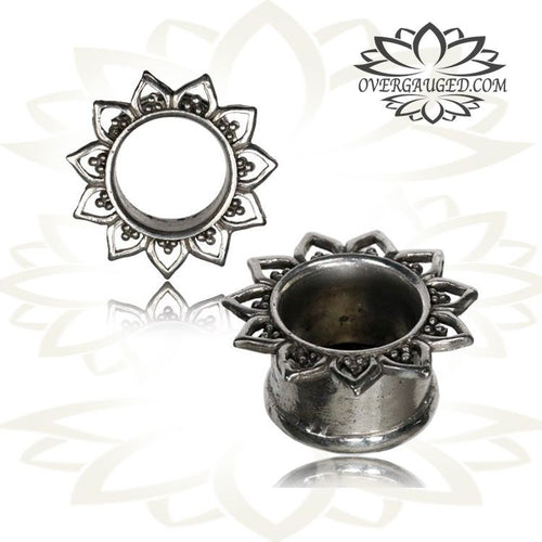 Pair White Brass Plugs with Lotus Leaf Tribal Tunnels, Ornate Brass Plugs, Tribal Brass Ear Gauges, Brass Body Jewelry.