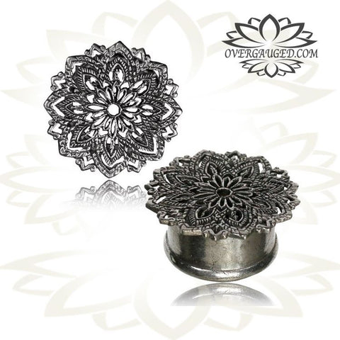 Pair Ornate Brass Flower Of Life Antiqued Tunnels, Tribal Plugs Ear Gauges Double Flared Plug.