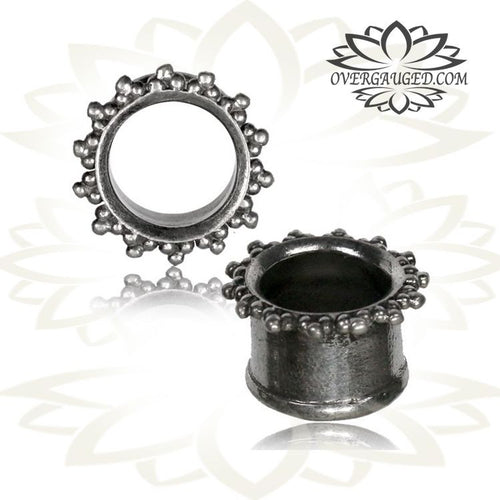 Pair Antiqued White Brass Tunnels with Afghan Dots, Tribal Brass Gauges, Double Flared Plugs, Body Jewelry.
