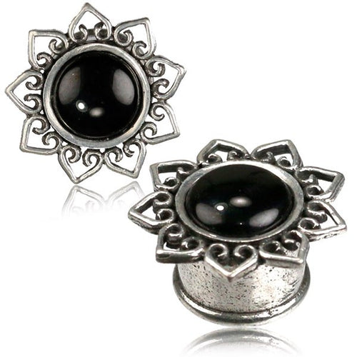 Pair Ornate White Brass Plugs with Lotus Bloom, Tribal Gauges with Onyx Stone, Tribal Ear Gauges, Double Flared Plugs, Brass Tunnels, Tribal Body Jewelry.