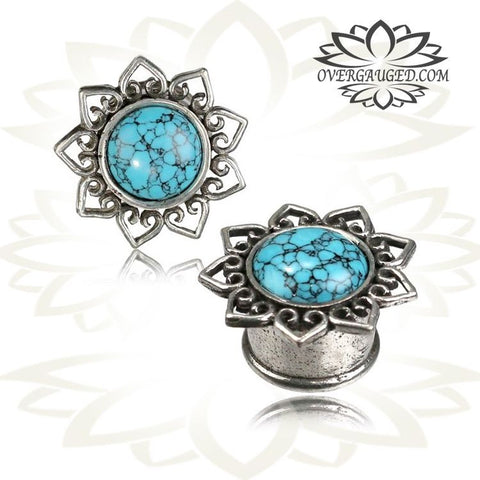 Pair Antiqued Tribal White Brass Plugs with Om Symbol, Lotus Flower Tunnels, Tribal Brass Body Jewelry,  Plugs Double Flared Gauges.