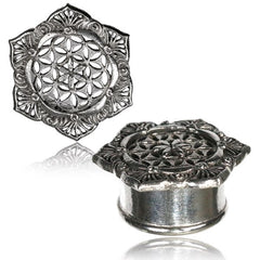 Pair Ornate Tribal Brass Tunnels, Flower Of Life Antiqued Brass Plugs, White Brass Tunnels, Brass Body Jewelry.