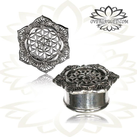 Pair of Antiqued White Brass Tunnels, Silver Lotus Tunnels, Tribal Double Flared Brass Plugs, Brass Body Jewelry Gauges.