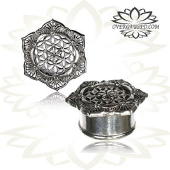 Pair Ornate Tribal Brass Tunnels, Flower Of Life Antiqued Brass Plugs, White Brass Tunnels, Brass Body Jewelry.