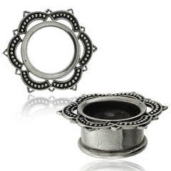 Pair of Antiqued White Brass Tunnels, Silver Lotus Tunnels, Tribal Double Flared Brass Plugs, Brass Body Jewelry Gauges.