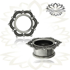 Pair of Antiqued White Brass Tunnels, Silver Lotus Tunnels, Tribal Double Flared Brass Plugs, Brass Body Jewelry Gauges.