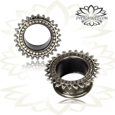 Pair Antiqued Tribal White Brass Plugs with Om Symbol, Lotus Flower Tunnels, Tribal Brass Body Jewelry,  Plugs Double Flared Gauges.