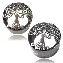 Pair White Brass Tunnels, Tree of Life Gauges, Tribal Brass Plugs, Ear Gauges, Tribal Body Jewelry